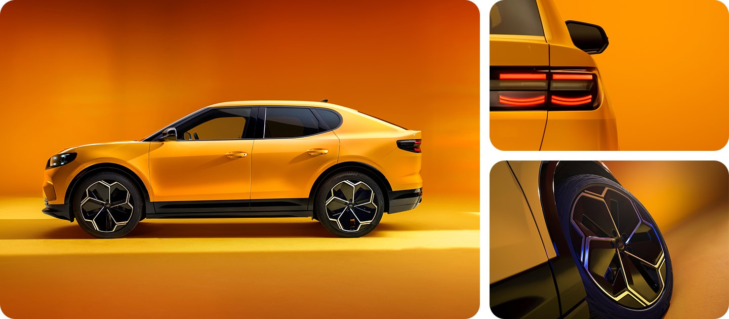 Photo grid showing the yellow electric Ford Capri®, with close-ups of the rear design and stylish alloy wheels.